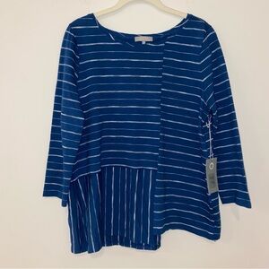 NWT Habitat Women's Contrast Blue Stripe Tunic Top S Asymmetrical Hem 3/4 Sleeve